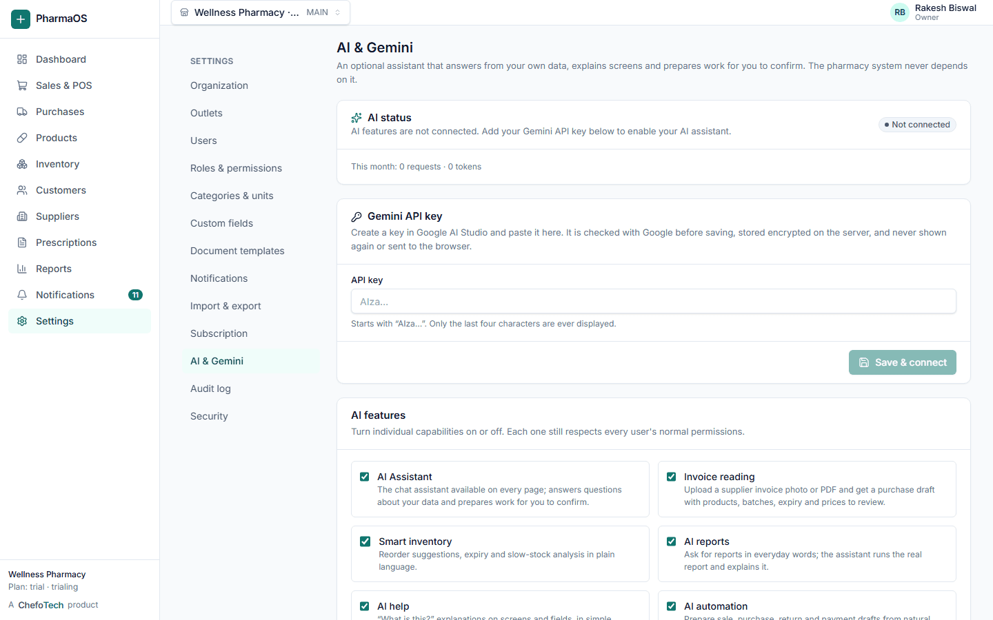 PharmaOS Settings → AI & Gemini page with key status, feature toggles and model settings