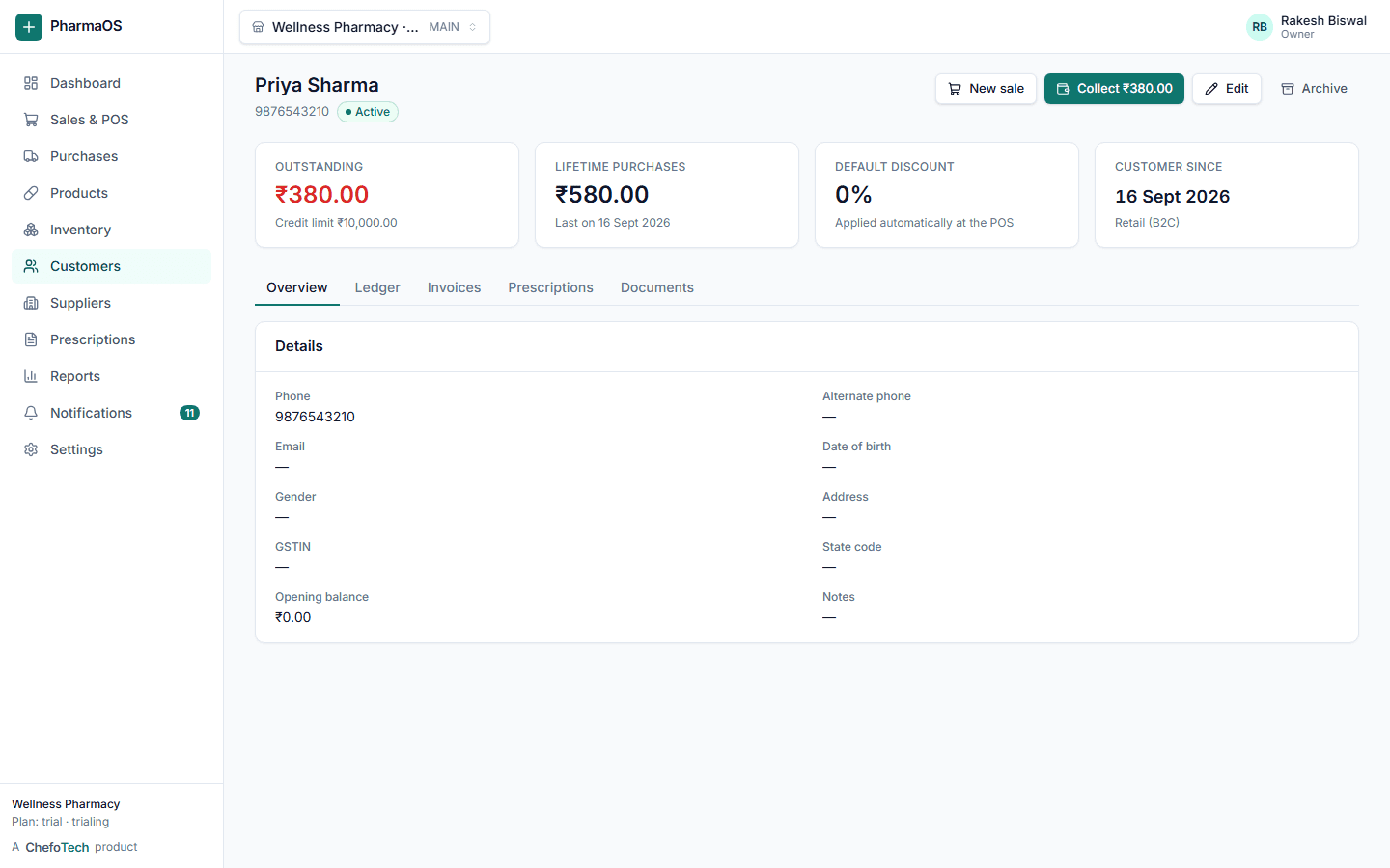 PharmaOS customer page with outstanding balance, ledger and payments