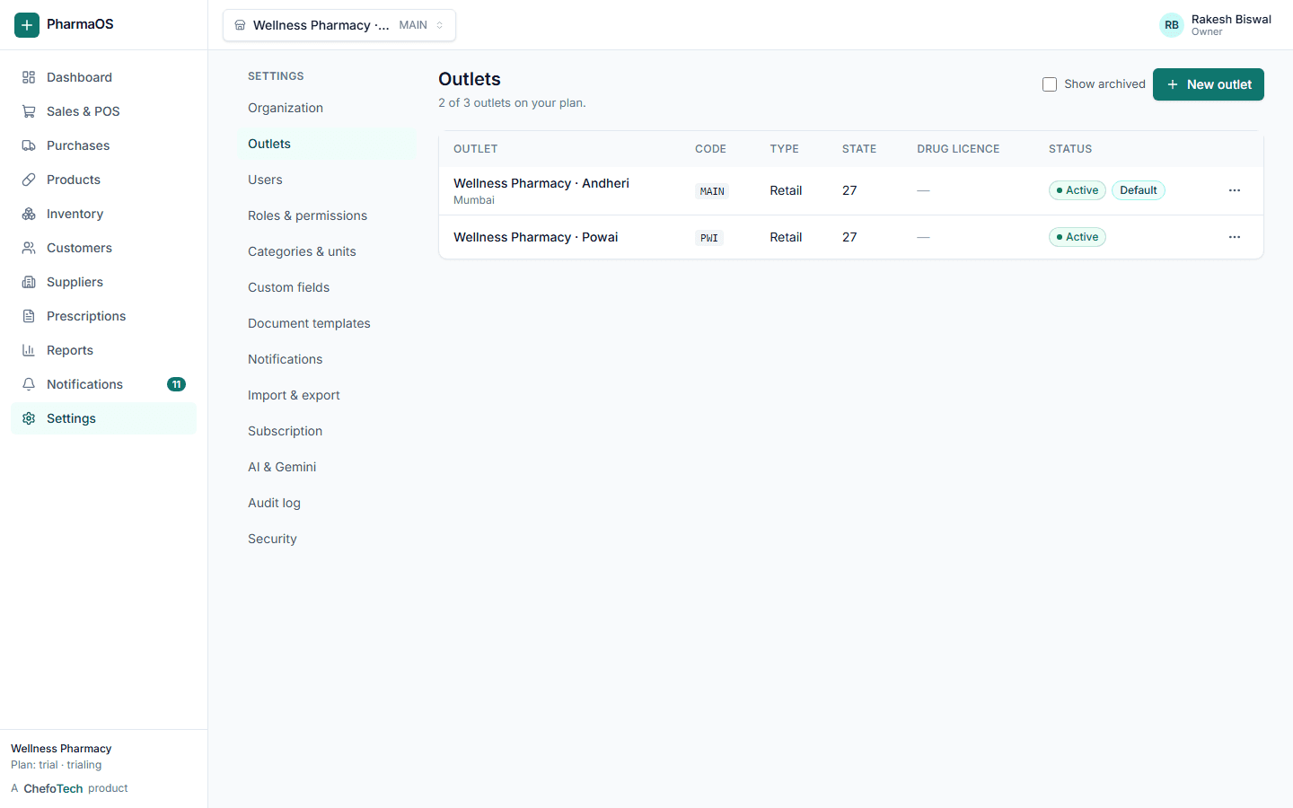 PharmaOS outlet settings listing branches
