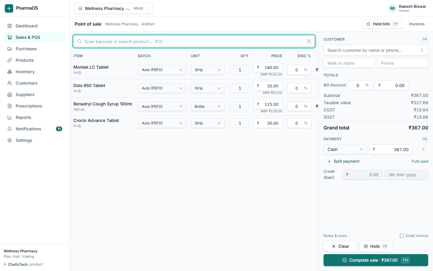 PharmaOS point of sale with cart lines showing batch and expiry, and a payment split