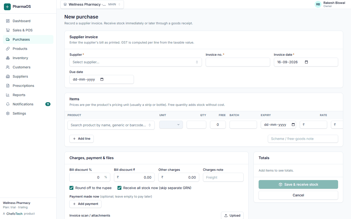 PharmaOS purchase entry with product lines, batch, expiry, rate, MRP and GST per line
