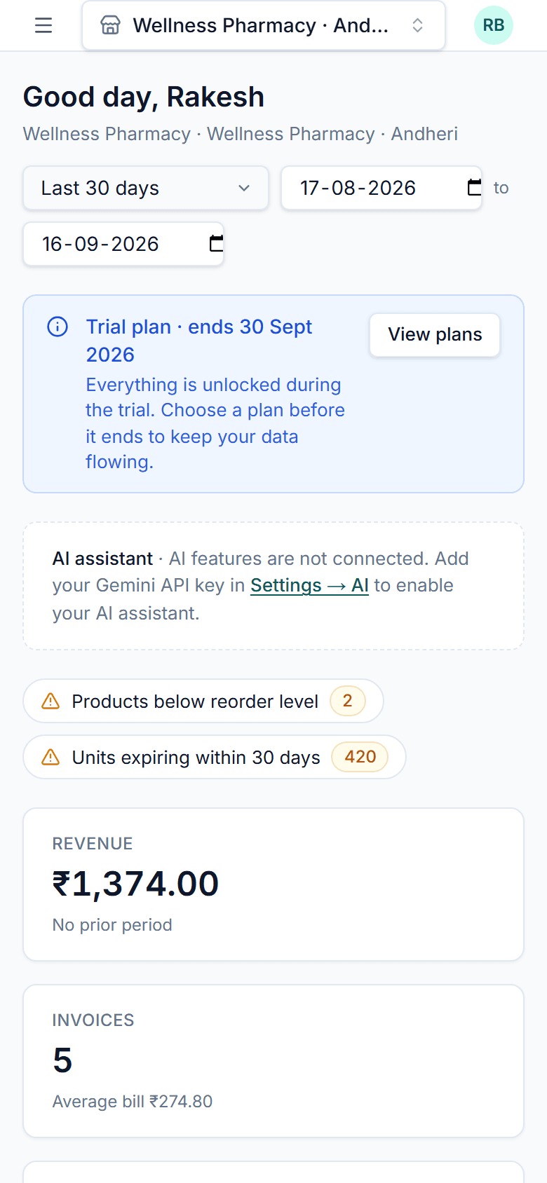 PharmaOS dashboard on a phone screen